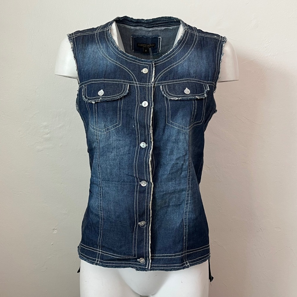 Alberto Makali Denim Vest Butterfly Sheer Back Mixed Media Dark Wash Blue Small